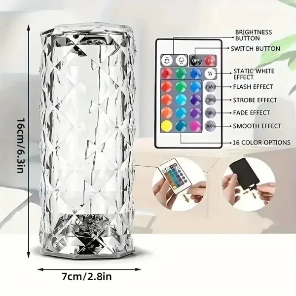 16 Colors Crystal Table Lamp Rechargeable Rose Projector Night Light Diamond Touch Atmosphere Lights 5