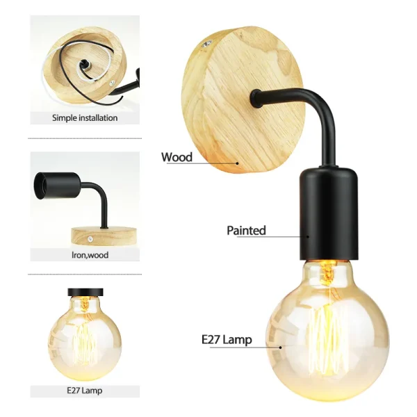 Vintage Wood Wall Lamp E27 110V 220V Hemp Rope Wall Lamp Indoor Loft Outdoor corridor Wall 2
